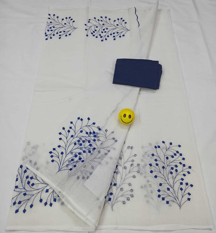 Pure Cotton Kota Doria Saree With Embroidered Work - White Color