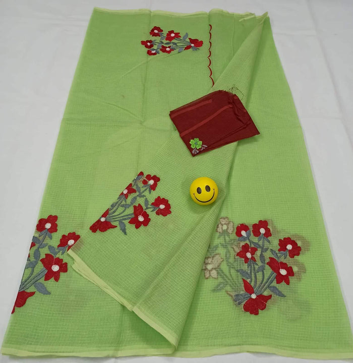 Pure Cotton Kota Doria Embroidered Work Saree - Green