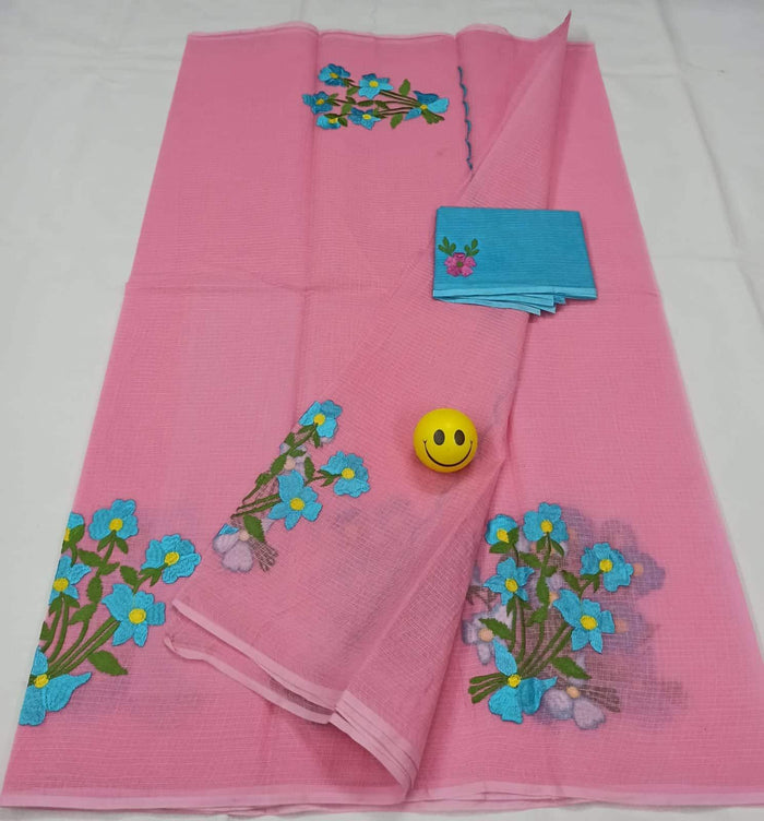 Pure Cotton Kota Doria Embroidered Sarees - Pink Color