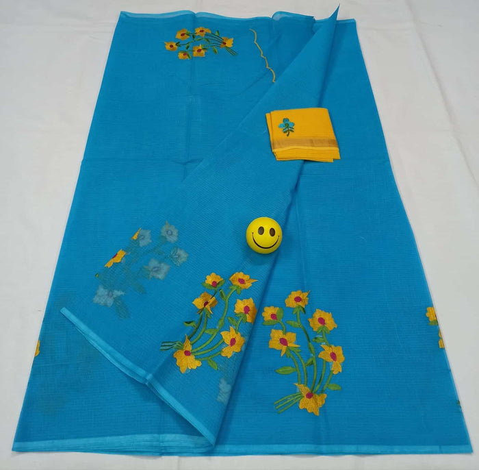 Pure Cotton Kota Doria Saree With Embroidered Work - Blue