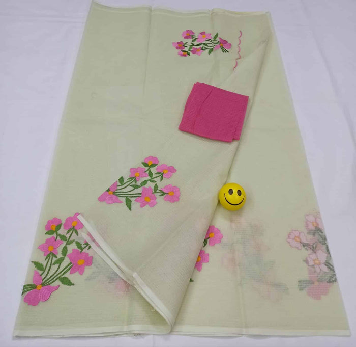 Pure Cotton Kota Doria Embroidered Saree - Light Green