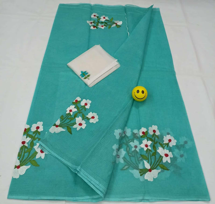 Embroidered Work Pure Cotton Kota Sarees - Sea Green
