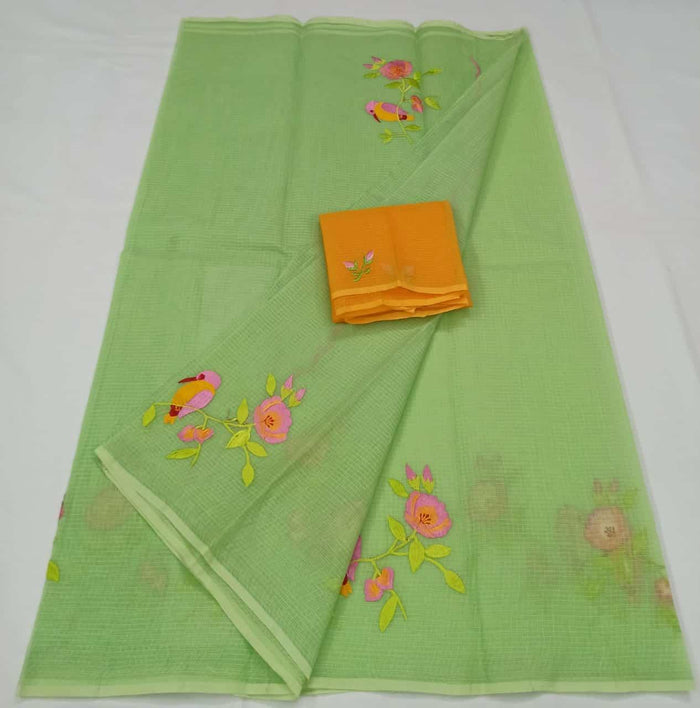 Embroidered Work Pure Cotton Kota Saree - Green Color