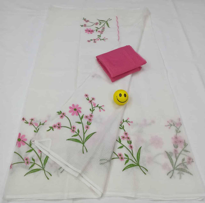 Embroidered Work Pure Cotton Kota Saree - White Color