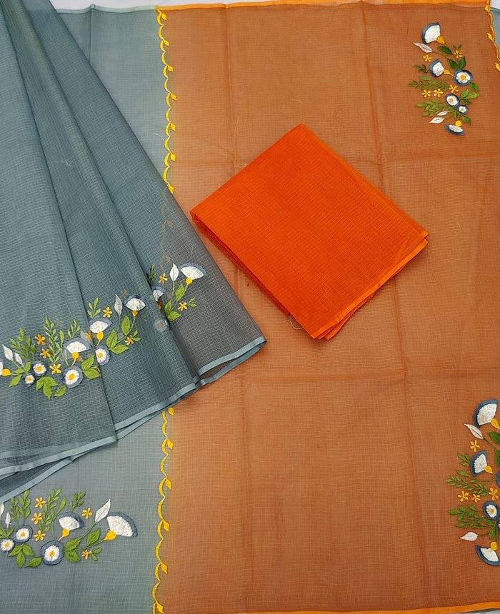 Pure Cotton Kota Doria Embroidered Work Saree - Orange Color