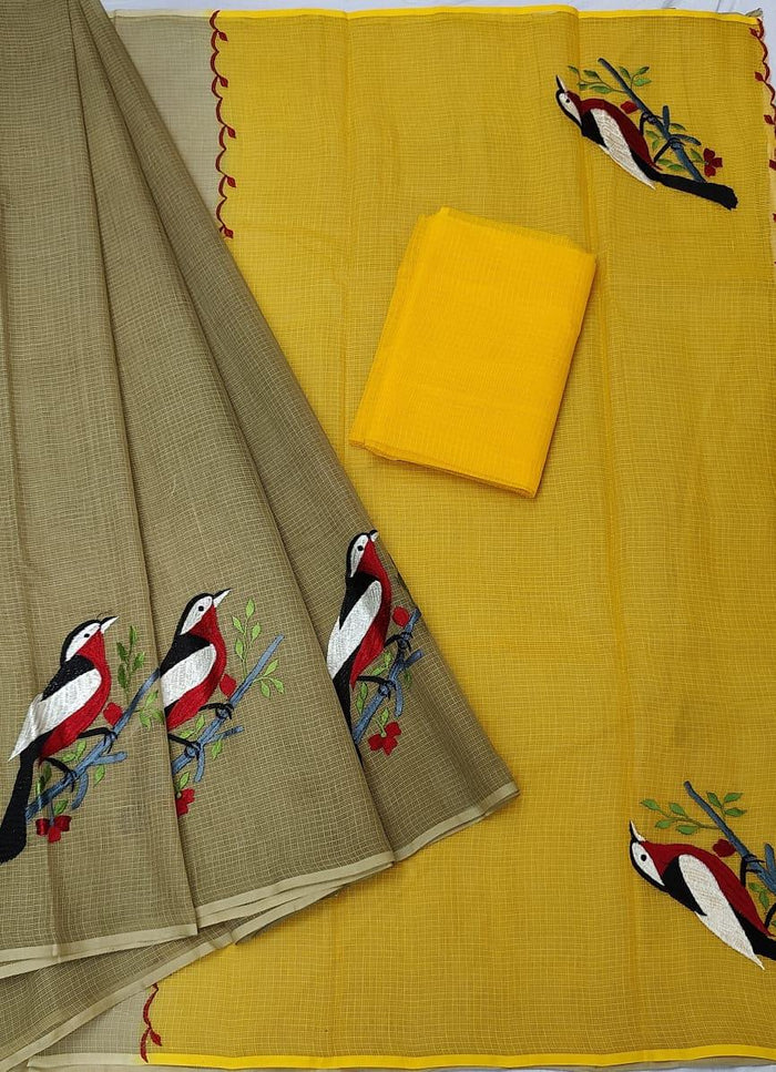 Pure Cotton Kota Doria Embroidered Work Saree - Yellow