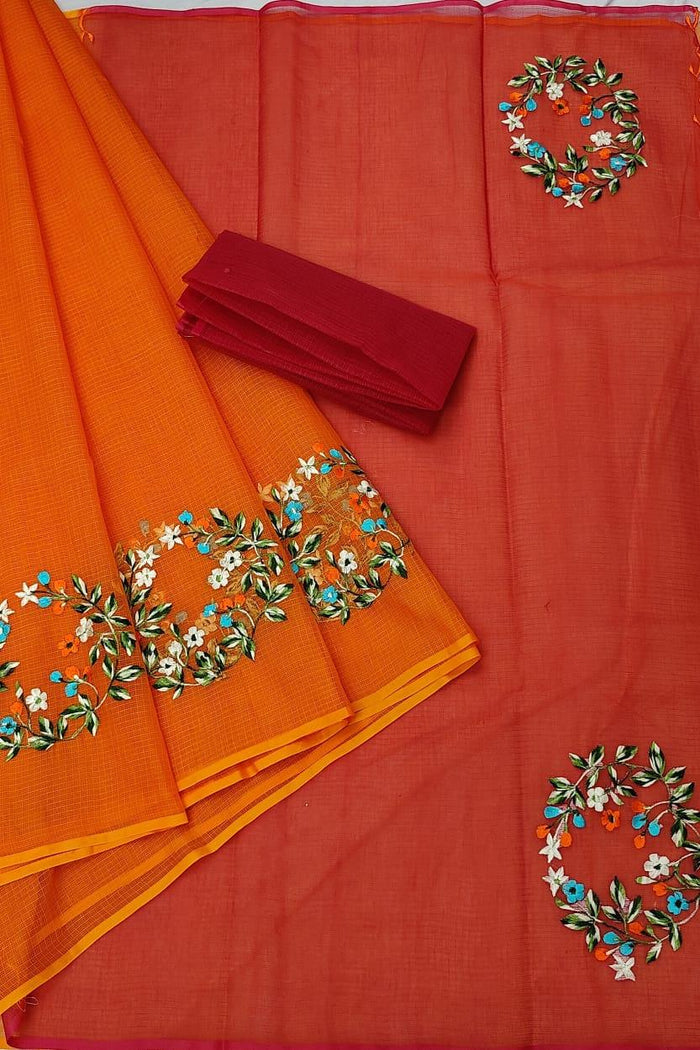 Pure Cotton Kota Doria Embroidered Work Saree - Red