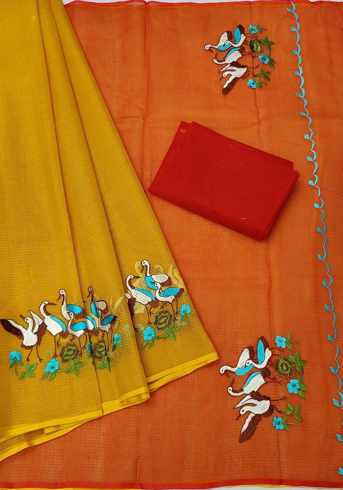 Pure Cotton Kota Doria Embroidered Work Saree - Red Color