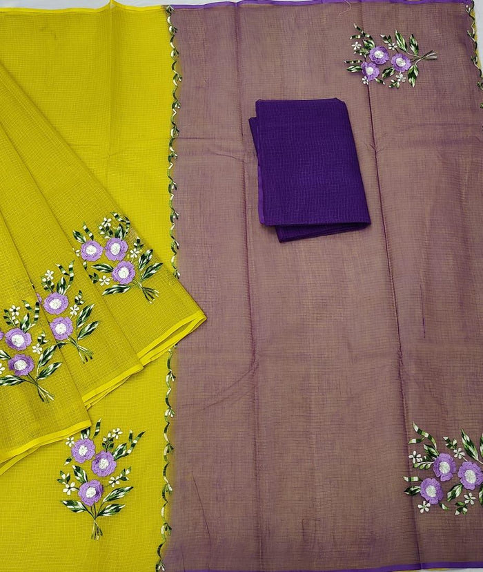 Pure Cotton Kota Doria Embroidered Work Saree - Purple