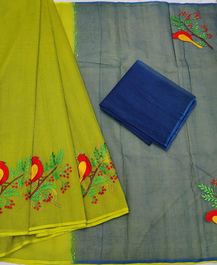 Pure Cotton Kota Doria Embroidered Work Saree - Green Colour