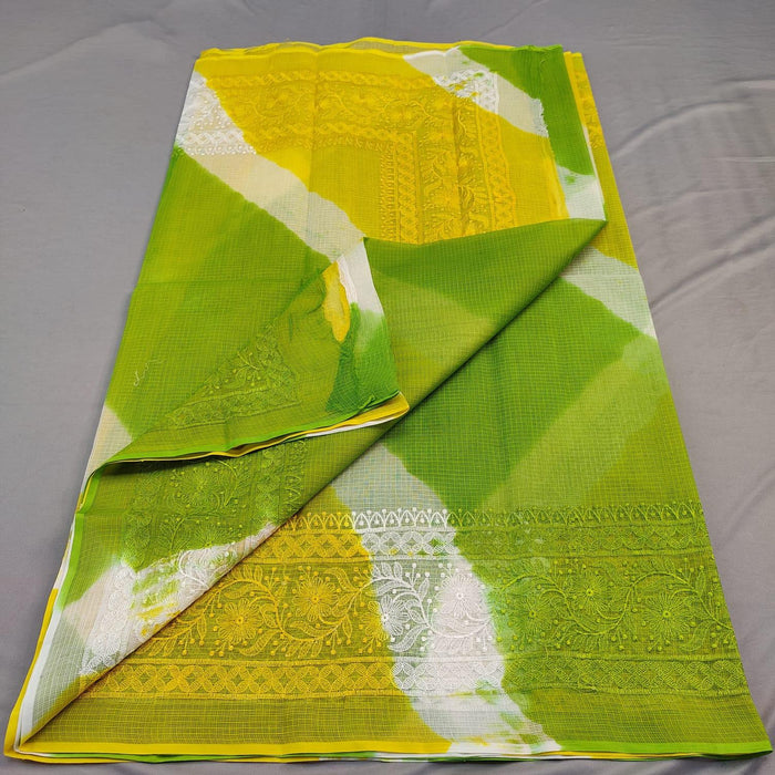Pure Cotton Kota Doria Embroidery Designer Sarees - Yellow Green Color