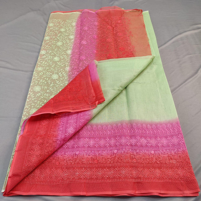 Pure Cotton Kota Doria Embroidery Designer Sarees - Green Pink Color