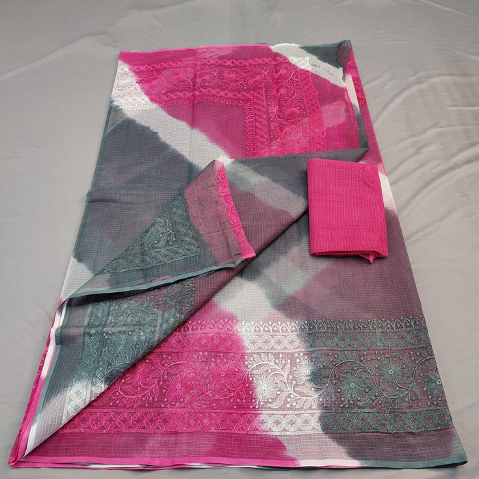 Pure Cotton Kota Doria Embroidery Designer Sarees - Pink Purple Color
