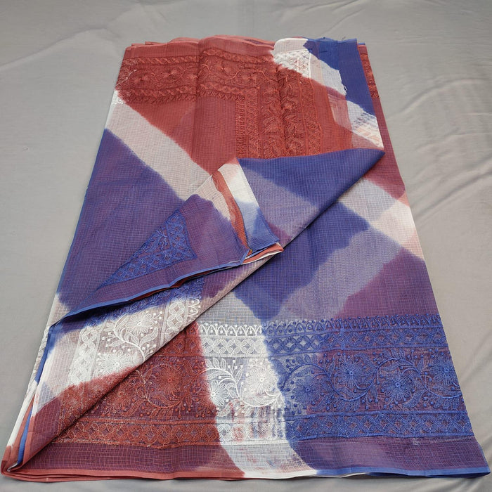 Pure Cotton Kota Doria Embroidery Designer Sarees-Red  Purple Color