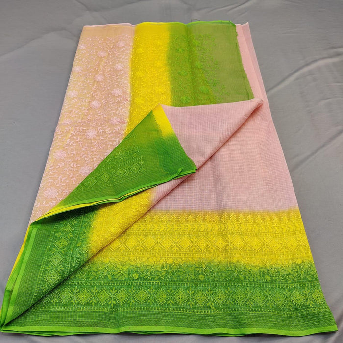Pure Cotton Kota Doria Embroidery Designer Sarees - Cream Green Color