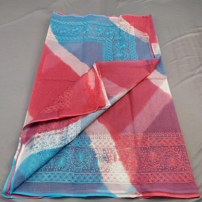 Pure Cotton Kota Doria Embroidery Designer Sarees - Red Blue Color