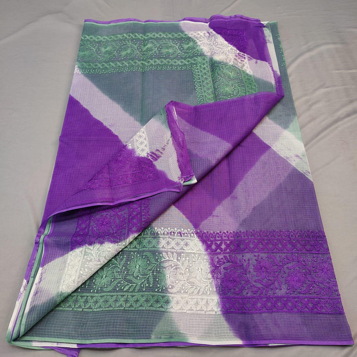 Pure Cotton Kota Doria Embroidery Designer Sarees - Purple Grey Color