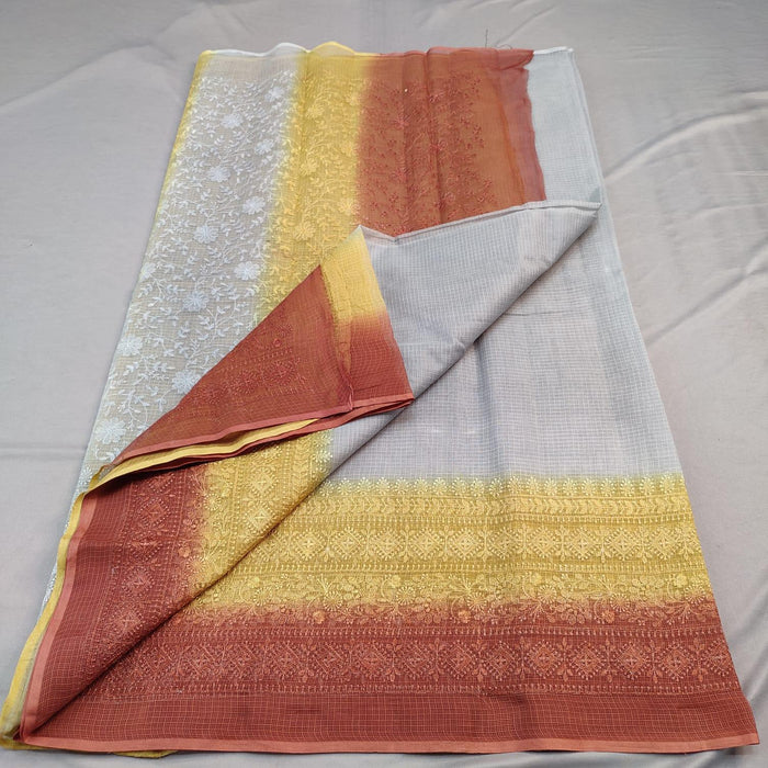Pure Cotton Kota Doria Embroidery Designer Sarees - Grey Red Color