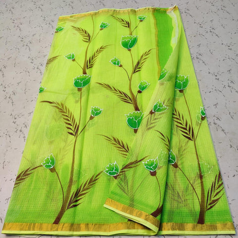 Pure Cotton Kota Doria Green Color Hand Brush Painted Saree - Trend In Need