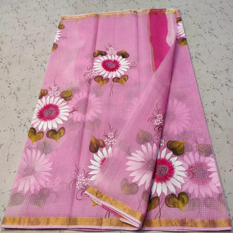 Pure Cotton Kota Doria Hand Brush Painted Saree Pink Color - Trend In Need