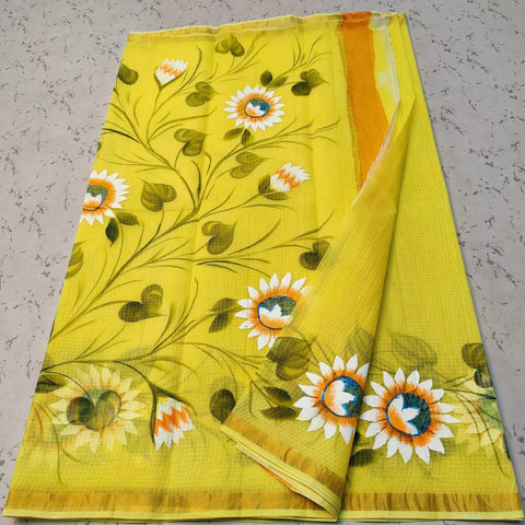 Pure Cotton Kota Doria Hand Brush Painted Saree Yellow Color - Trend In Need