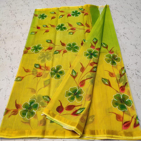 Pure Cotton Kota Doria Hand Brush Painted Yellow Green Color Saree - Trend In Need