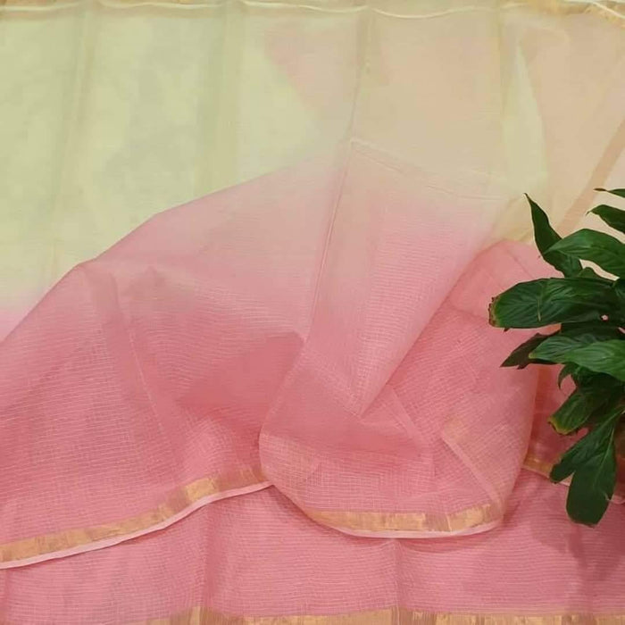 Pure Cotton Plain Kota Double Color Saree - Pink & Yellow Color