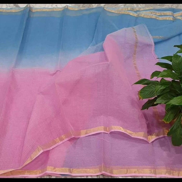 Pure Cotton Plain Kota Double Color Saree - Pink & Blue Color