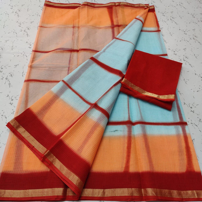 Pure Cotton Kota Doria Multi Tie Dye Blue Red Color Saree