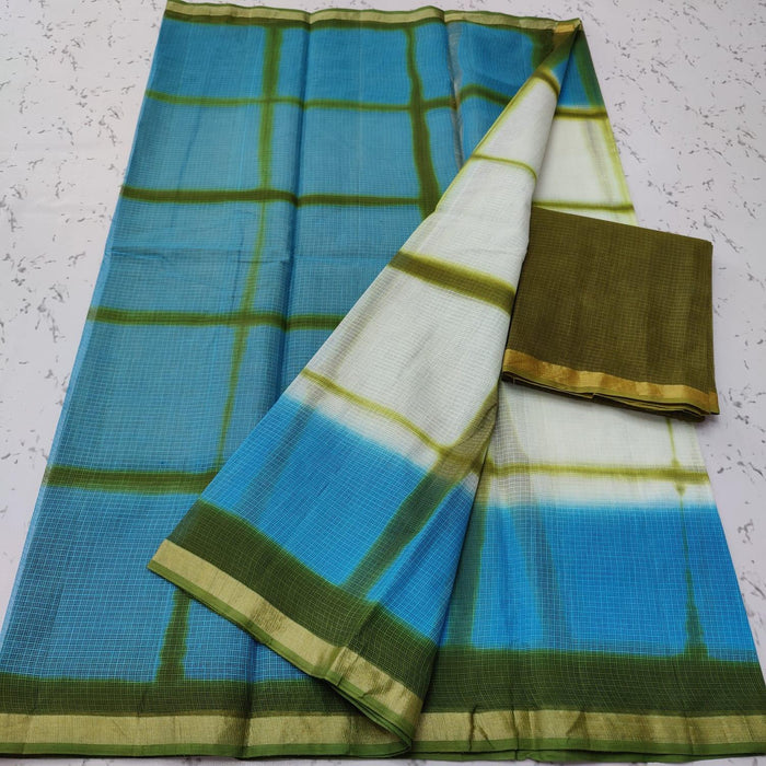 Pure Cotton Kota Doria Multi Tie Dye Green Blue Color Saree