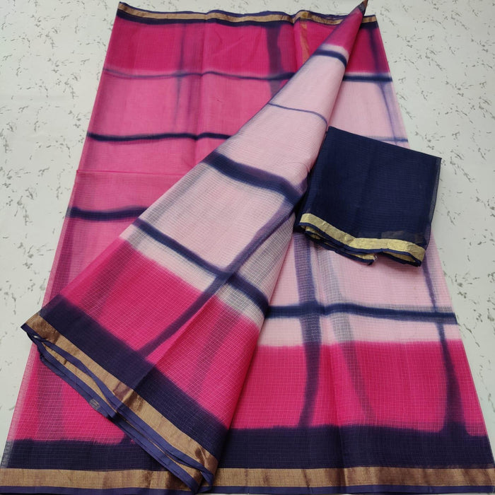Pure Cotton Kota Doria Multi Tie Dye Pink Navy Blue Color Saree