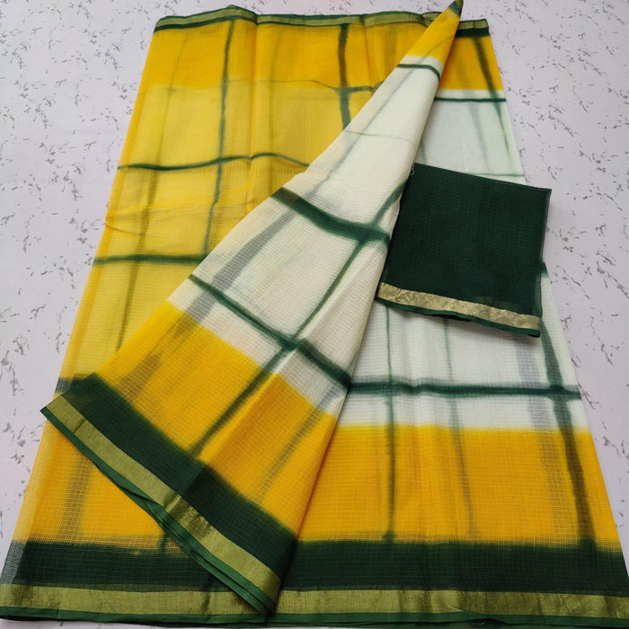 Pure Cotton Kota Doria Multi Tie Dye Yellow Green Color Saree