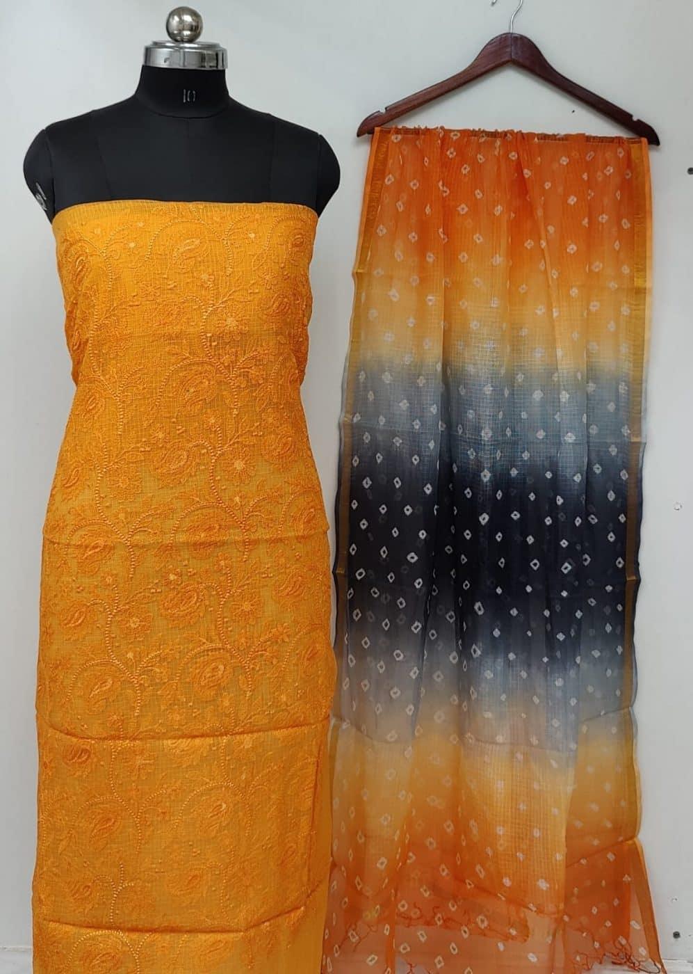 Pure Cotton Kota Doria Chikankari Work Dress Material