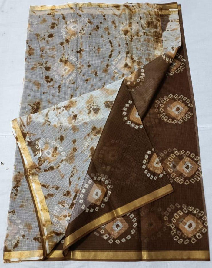 Bandhej Tie Dye Print Pure Cotton Kota Saree - Brown Color
