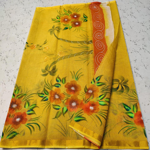 Pure Cotton Kota Doria Yellow Color Hand Brush Painted Saree - Trend In Need