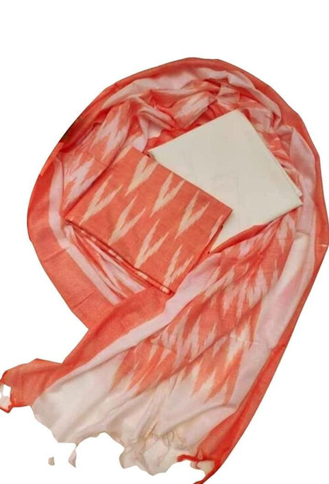 Pure Cotton Peach Colour Ikkat Dress Material - Trend In Need