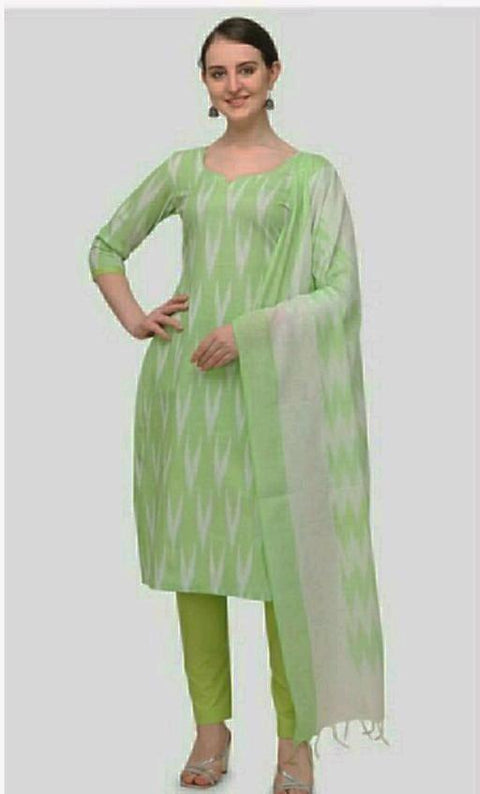 Pure Cotton Pista Green Colour Ikkat Dress Material - Trend In Need