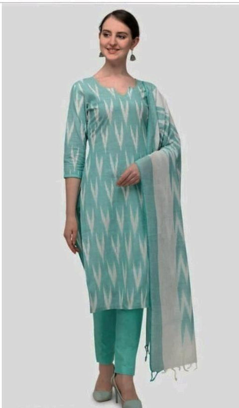 Pure Cotton Sea Green Colour Ikkat Dress Material - Trend In Need