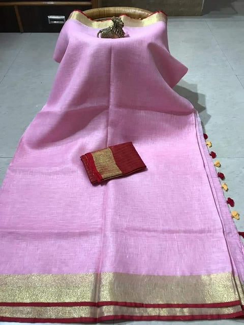 Pure Linen 140 Thread Count Plain Pink Color Saree - Trend In Need