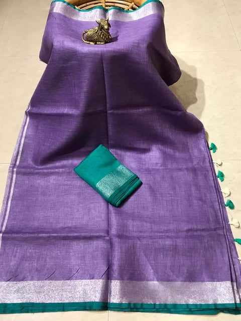 Pure Linen 140 Thread Count Plain Purple Color Saree - Trend In Need