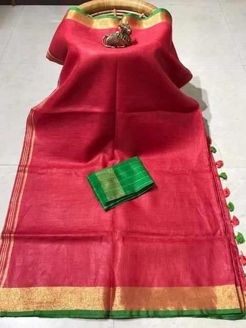 Pure Linen 140 Thread Count Plain Red Color Saree - Trend In Need