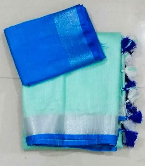 Pure Linen 140 Thread Count Plain Sea Green Color Saree - Trend In Need