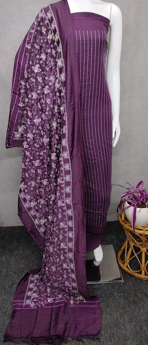 Purple Color Cotton Silk Embroidered Dress Material - Trend In Need