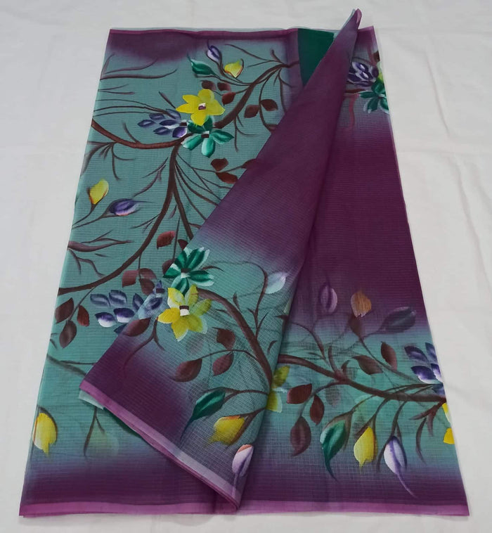 Hand  Painted  Kota Doria Saree - Purple
