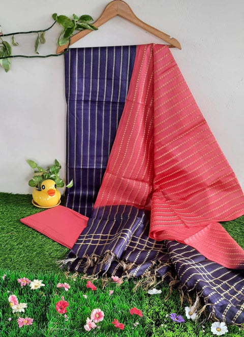Purple Pink Color Cotton Viscose Silk Woven Line Dress Material - Trend In Need