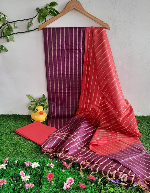 Purple Red Color Cotton Viscose Silk Woven Line Dress Material - Trend In Need