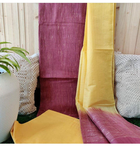 Purple Yellow Color Katan Silk Viscose Ghicha Lines Suit - Trend In Need