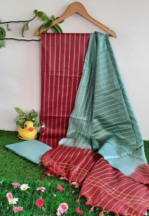 Red Blue Color Cotton Viscose Silk Woven Line Dress Material - Trend In Need