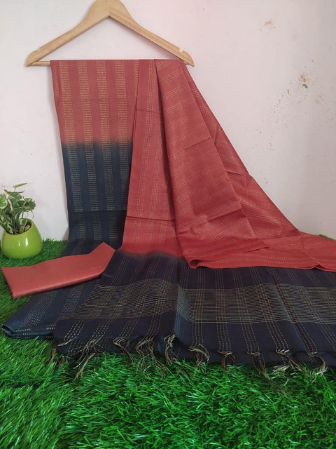Red Blue Color Handwoven Cotton Silk Dress Material - Trend In Need