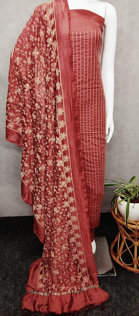 Red Color Cotton Silk Embroidered Dress Material - Trend In Need
